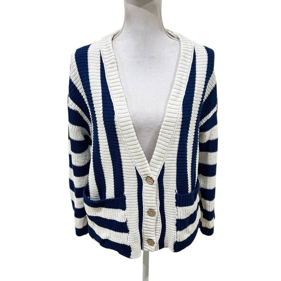 Free People navy Blue & Cream high Tide Striped Cardigan oversized cotton sz xs - Picture 5 of 14